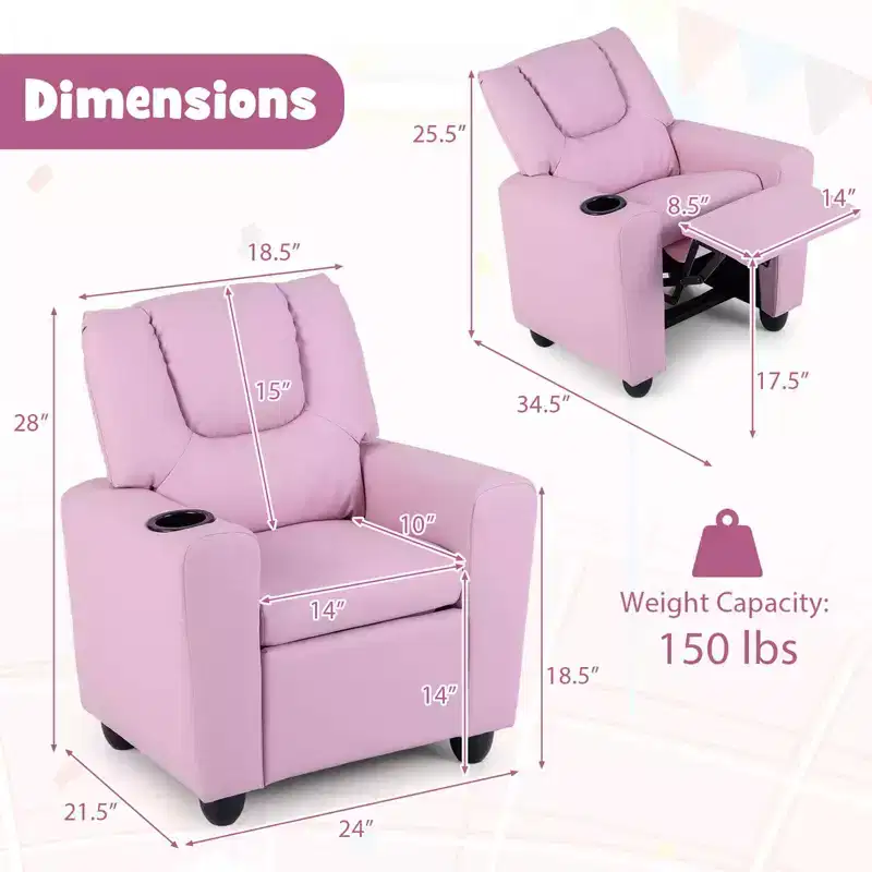 Kids Recliner Chair with Cup Holder – Beige / Black / Brown / Pink, Push-Back Style, 1-Seat