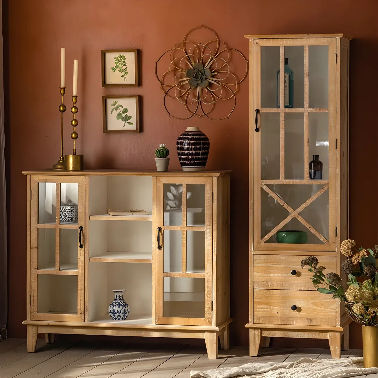 Natural Light Wood Glass Doors Standard Display Cabinet