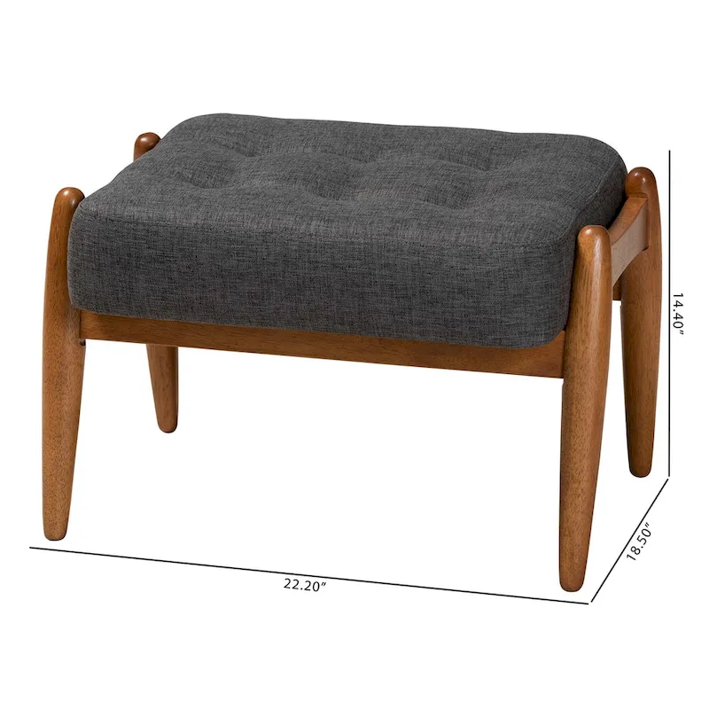 Jeanine Japandi Dark Grey Fabric and Walnut Brown Finished Wood Ottoman Footstool