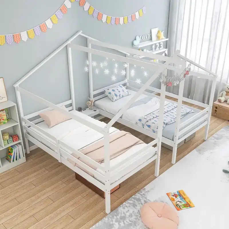 Gymax Double Twin Size Bed Frames for Kids with Built-in Table & USB