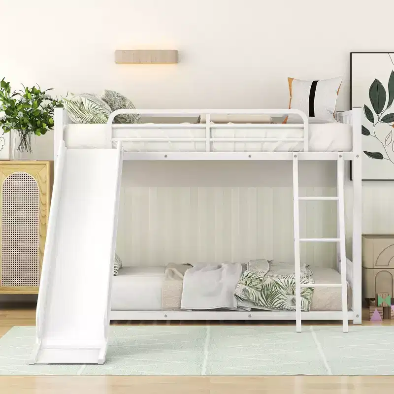 Modern Style Twin over Twin Metal Bunk Bed with Slide, Easy to Assemble