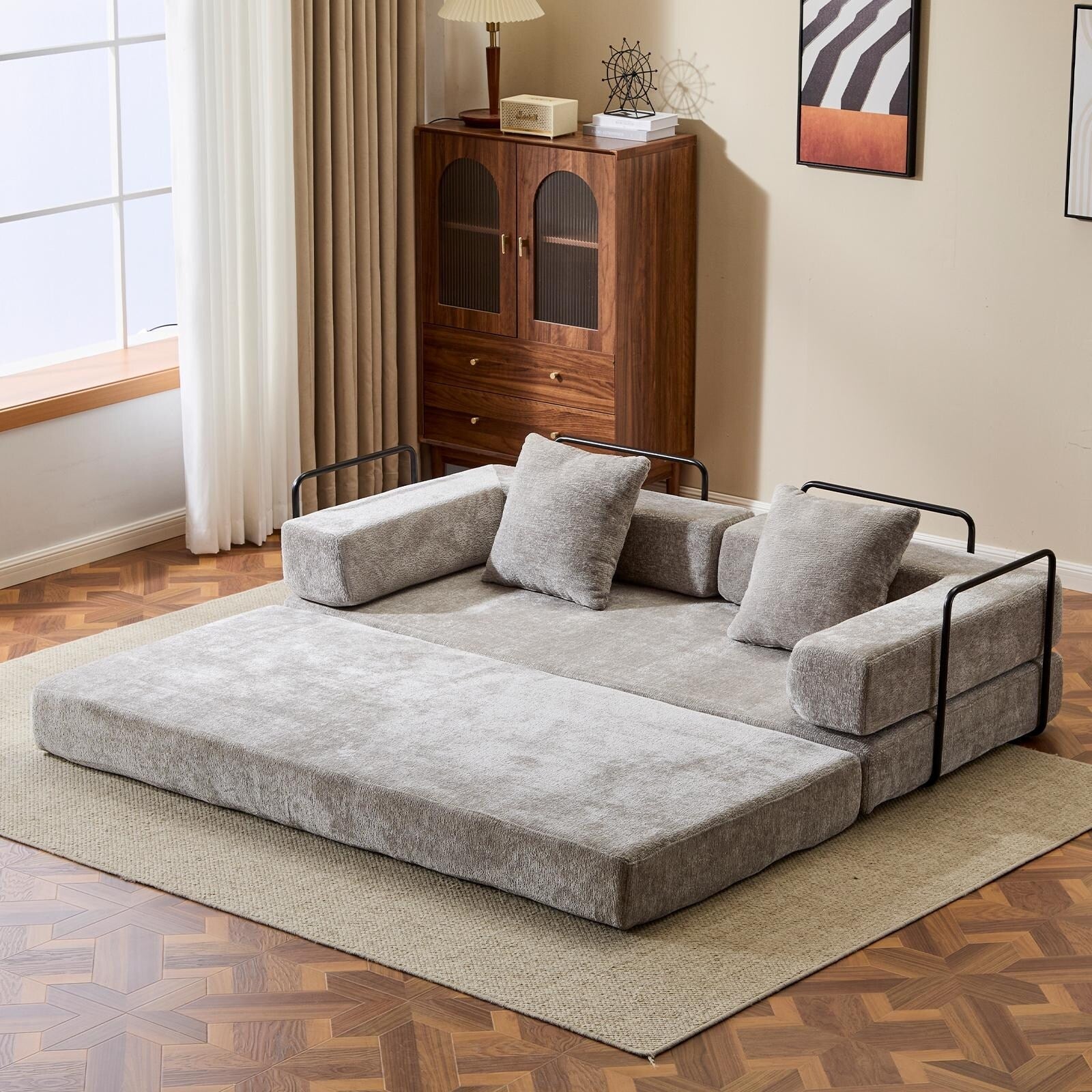 Convertible Floor Sofa Bed with Pillow Back Chenille Fabric for Living Room Bedroom