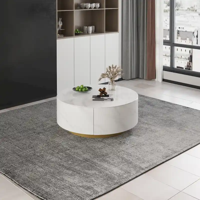 Modern Drum Coffee Table with Oak Veneer, Sintered Stone Coffee Table with 2 Solid Wood Drawers