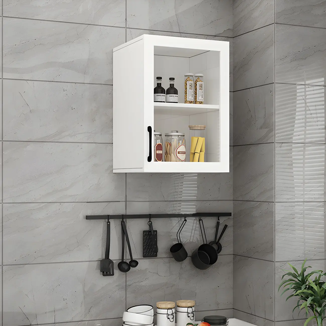 White Rectangular Wall-Mounted Wood China Cabinet