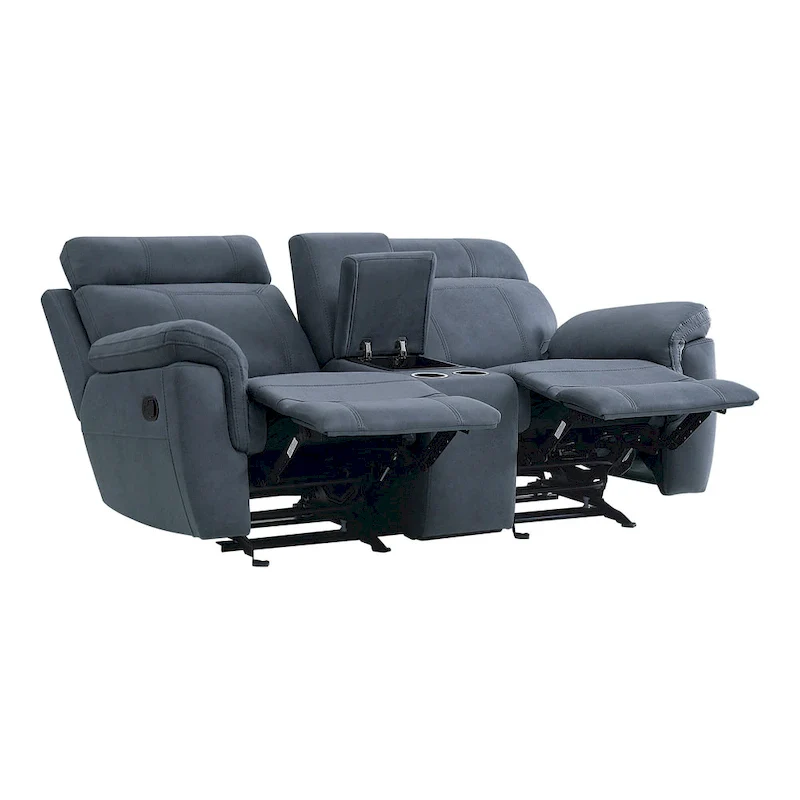 76-Inch Manual Glider Reclining Loveseat in Blue Microfiber with Solid Wood Frame