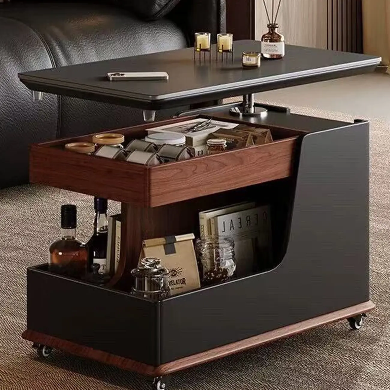 White Adjustable Top Modern Rolling Wood Side Table