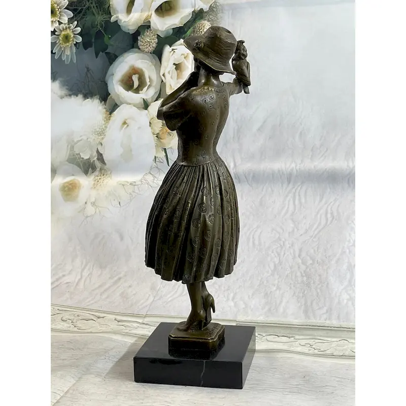 100 Percent Solid Bronze Sculpture Lady With Bird Signed Real Art Hot Cast Figurine Lrg