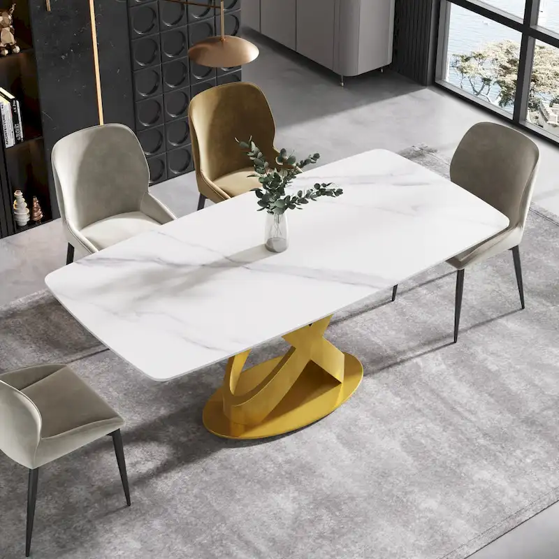 70.8 Dining Table, Modern Dining Table for 8, Antique White Sintered Stone with Stainless Steel Gold Pedestal