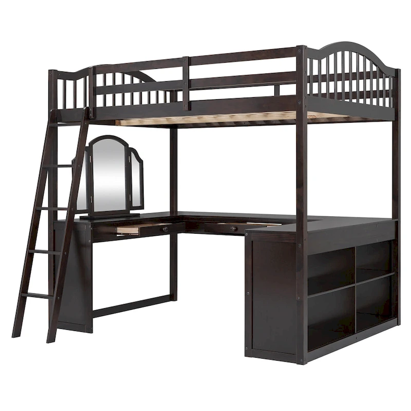 Full Wooden Loft Bed with U-shaped Desk,Storage Compartments and Tri-fold Mirror, Gray
