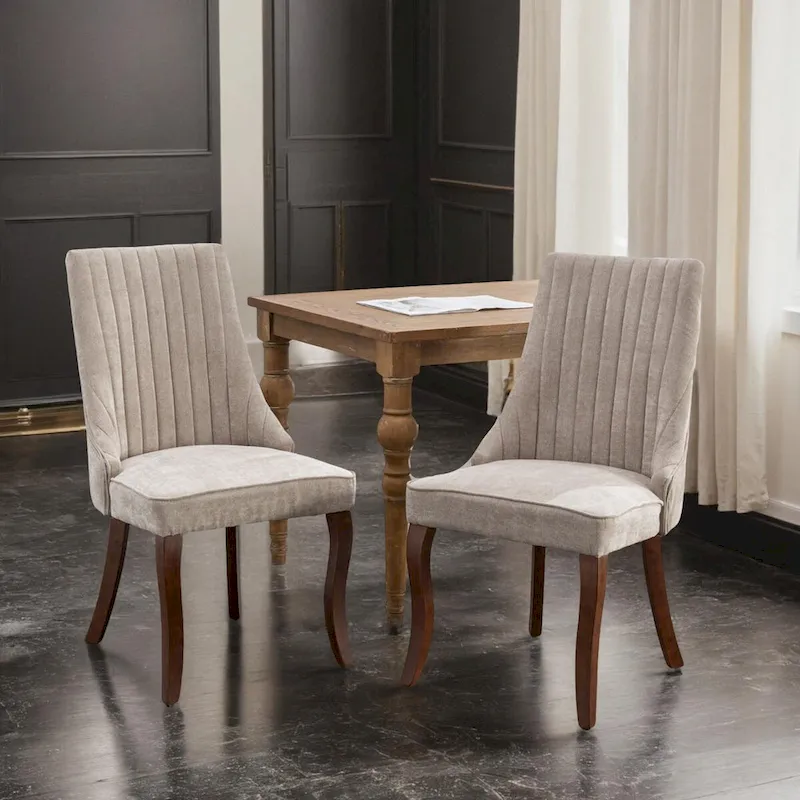 Rayon Cloth Flocking Linen Dining Chairs Channel Kitchen Dinner Upholstered Accent Chair Curved Solid Wood Legs,Set of 2