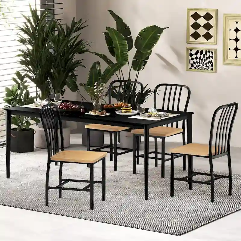 Armless Spindle Back Dining Chair Set of 2 with Ergonomic Seat-Black - 22 x 18 x 37