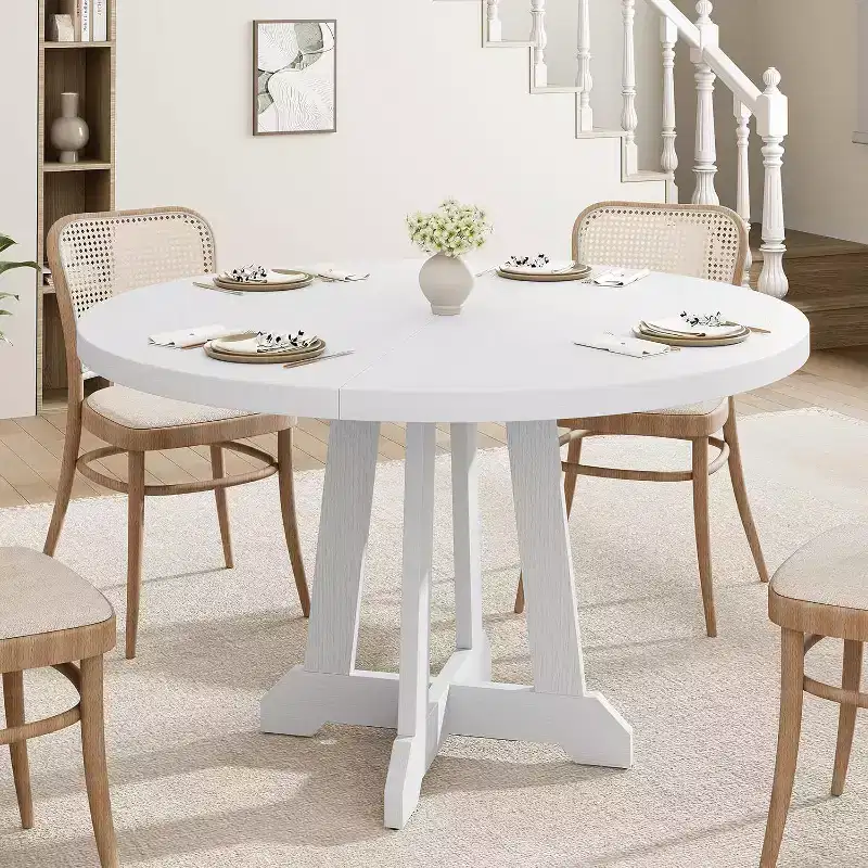Acekool 47-Inch Round Dining Table, Seats 4, Wood Top with Pedestal Cross Base, Space-Saving Kitchen & Dining Room Table, Farmhouse Style