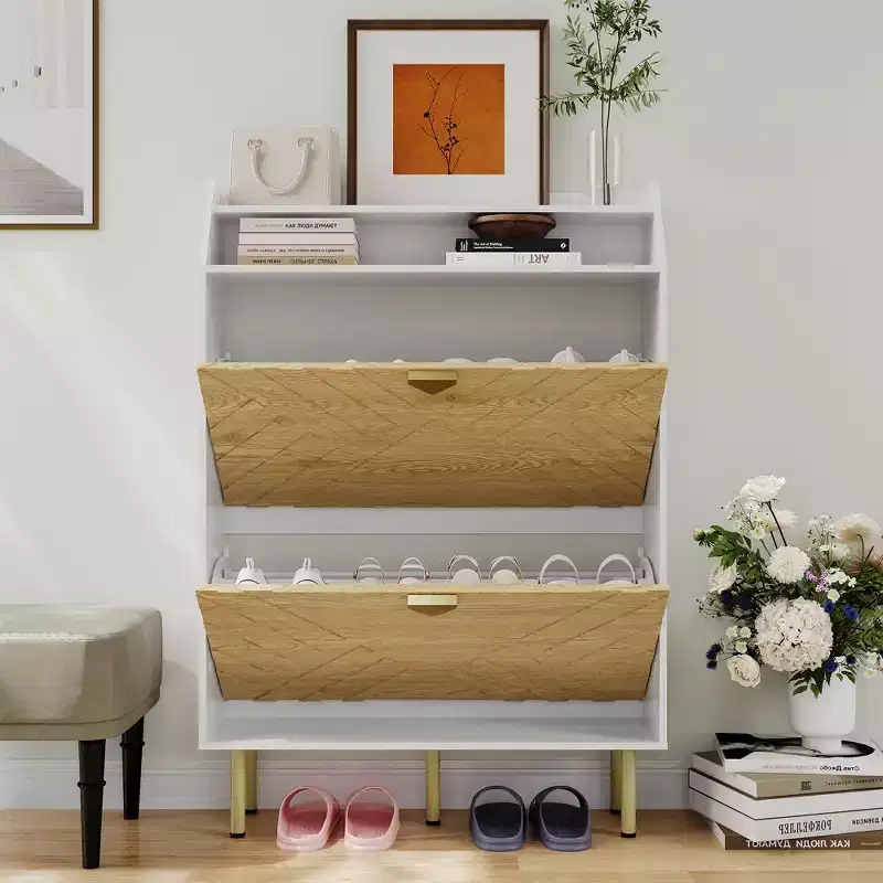 White Narrow 2-Drawer Freestanding Shoe Cabinet with Top Shelf