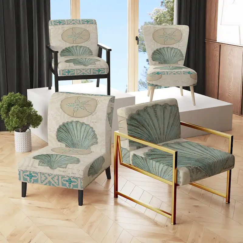Designart  Seastar And Blue Sea Shell II  Upholstered Nautical & Coastal Accent Chair - Arm Chair