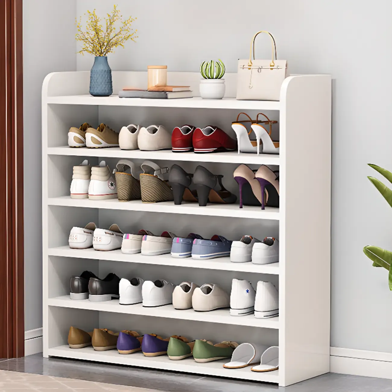 Vertical White Wooden Hallway 6-Tier Open Shoe Rack
