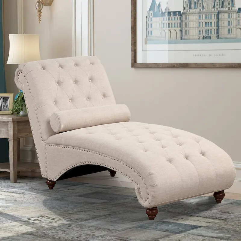 Modern Armless Velvet Chaise Lounge Indoor Chair with 1 Bolster Pillow