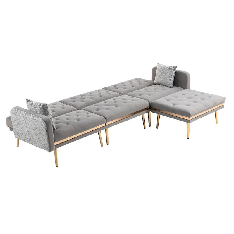 Polyester Upholstered Tufted Sleeper L-Shaped Sectional Sofa With Ottoman