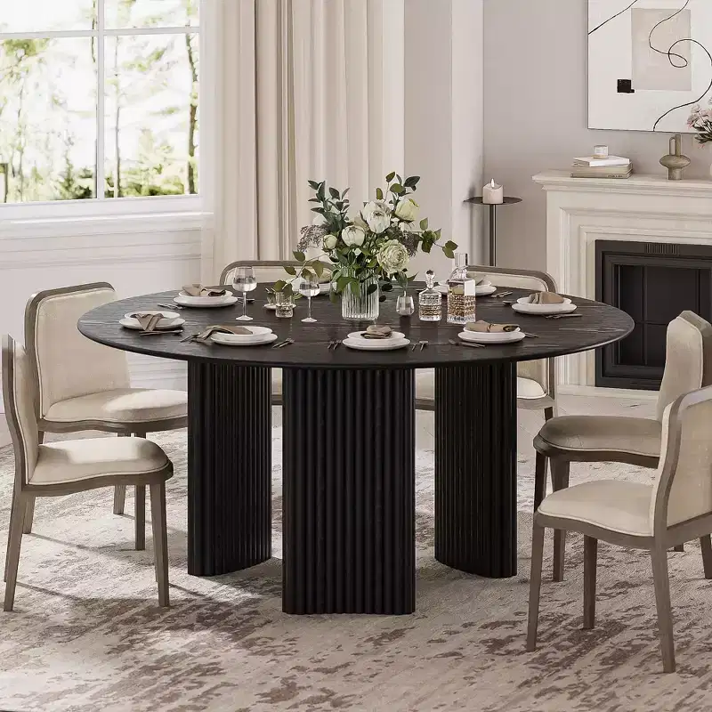 60 Modern Round Dining Table with Striped Column Legs Solid Wood Kitchen Table Anti-Scratch Footpads for Dining Room & Kitchen Bar in Black