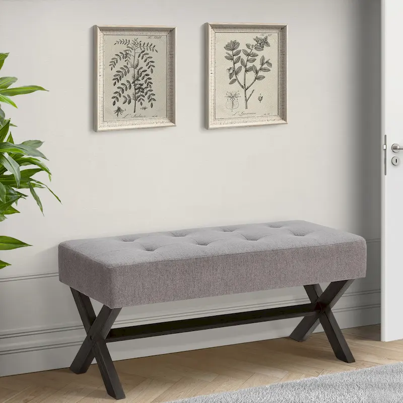 Upholstered Entryway Bench, Polyester, X-Shaped Wood Legs, 35.4"W, 300 lbs, Seats 1-2, Grey/White/Beige