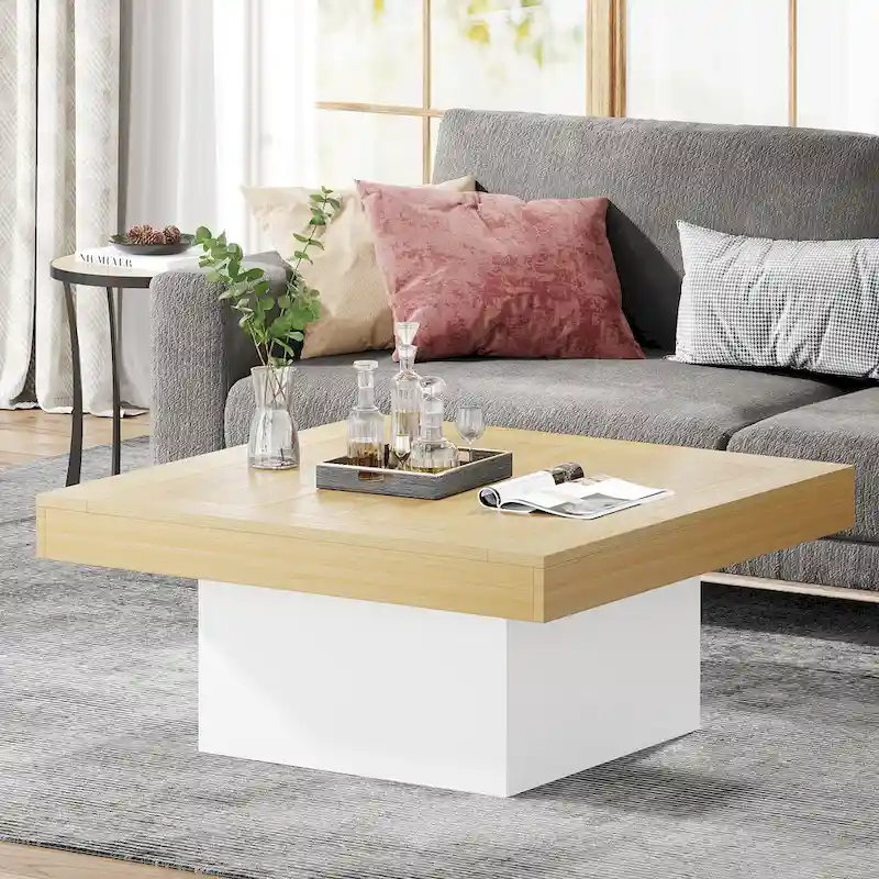 Farmhouse Coffee Table Square LED Coffee Table Engineered Wood Coffee Table