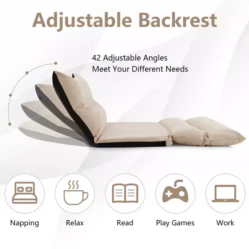 Convertible Lazy Sofa Bed with 42-Level Adjustable Backrest & 2 Lumbar Pillows Gray/Beige
