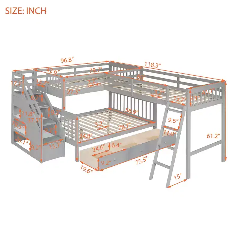 Stylish Design Twin over Full L-Shaped Bunk Bed With 3 Drawers, Ladder and Staircase