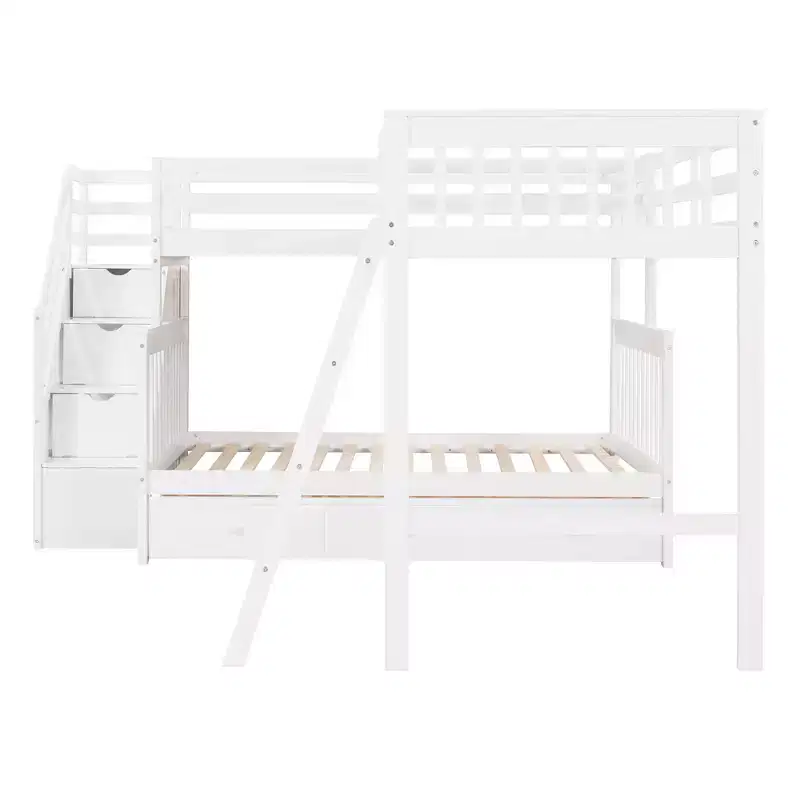 Stylish Design Twin over Full L-Shaped Bunk Bed With 3 Drawers, Ladder and Staircase
