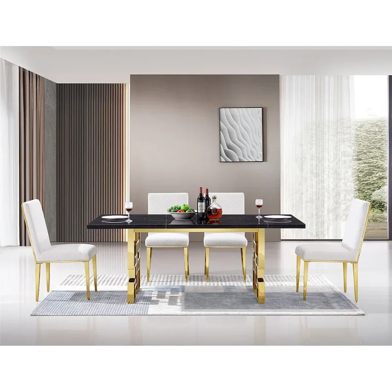 Luxurious White Boucle Dining Chairs with Polished Gold Metal Legs