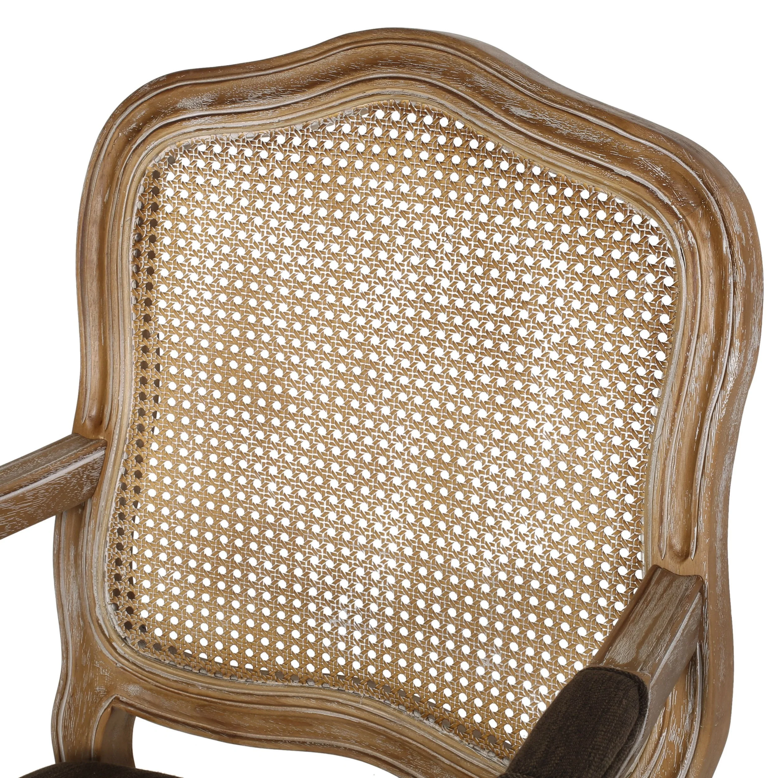 French Country Wood and Cane Upholstered Dining Armchair - NH542513
