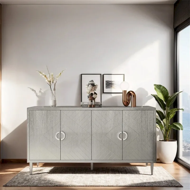 Stylish and Functional 4-Door Storage Cabinet with Pine Legs and MDF