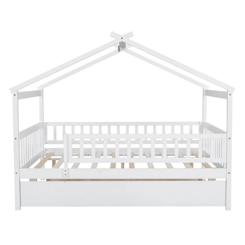 Full Pine House Bed with Twin Trundle, Guardrail
