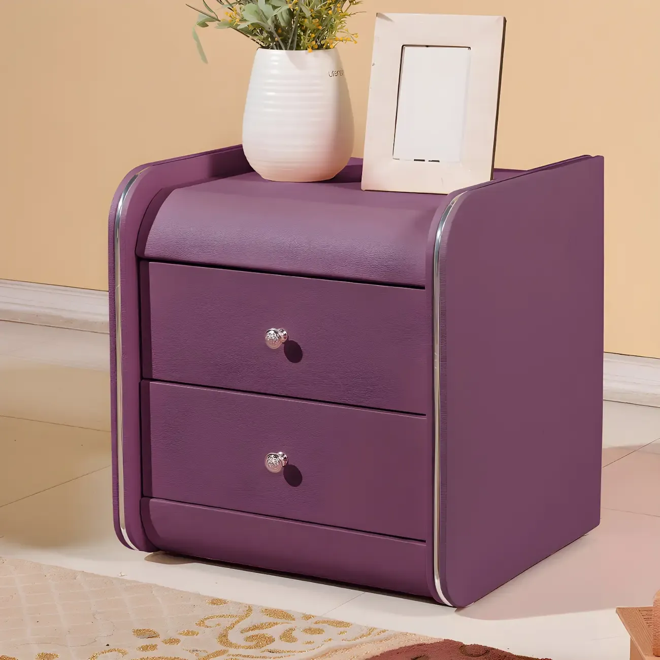 Stylish Narrow Faux Leather Bedside Table with 2 Drawers