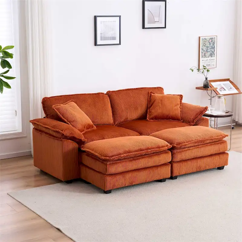 Grey/Yellow/White/Orange/Green Corduroy Loveseat Sofa, 2-Seater, with 4 Pillows & 2 Ottomans