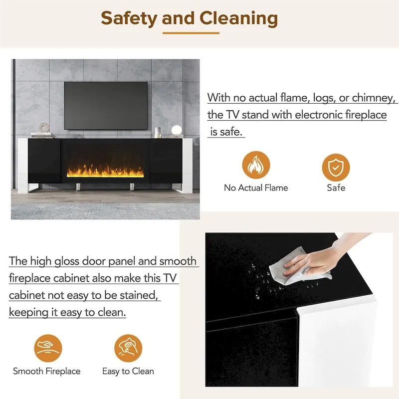 Modern TV Stand with 34.2 Non-heating Electric Fireplace and Cabinets