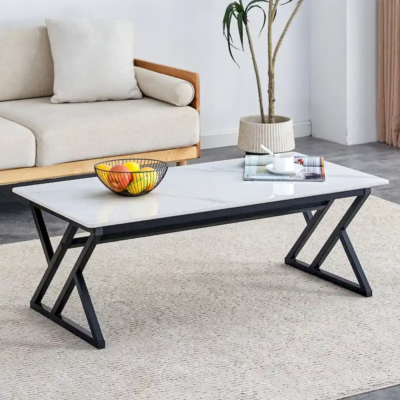 47 Modern Rectangular Coffee Table with Sintered Stone Tabletop and X-shaped Metal Legs