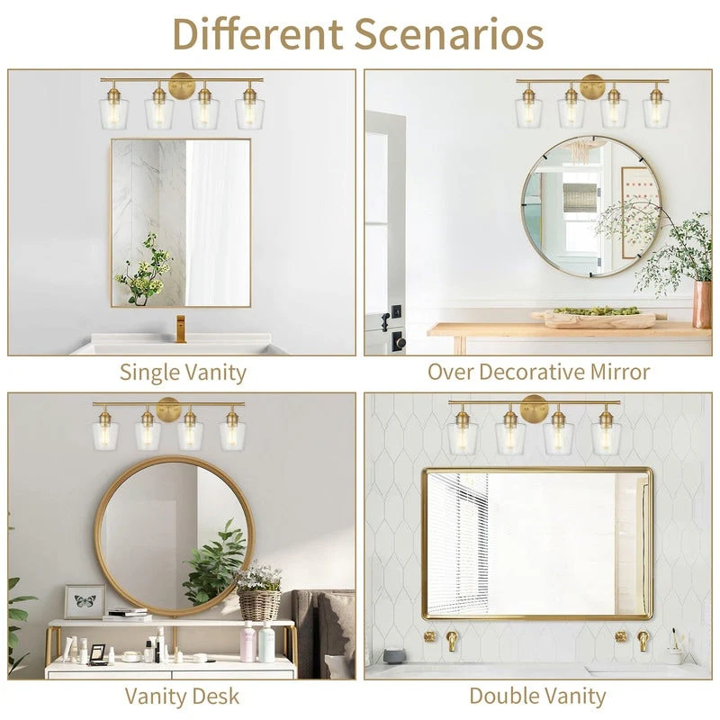 KAWOTI 4-Light Dimmable Metal Bathroom Vanity Light with Glass Shade