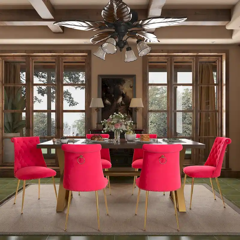 7-Piece  Walut Wood Dining Table with Velvet Chair Dining Chair