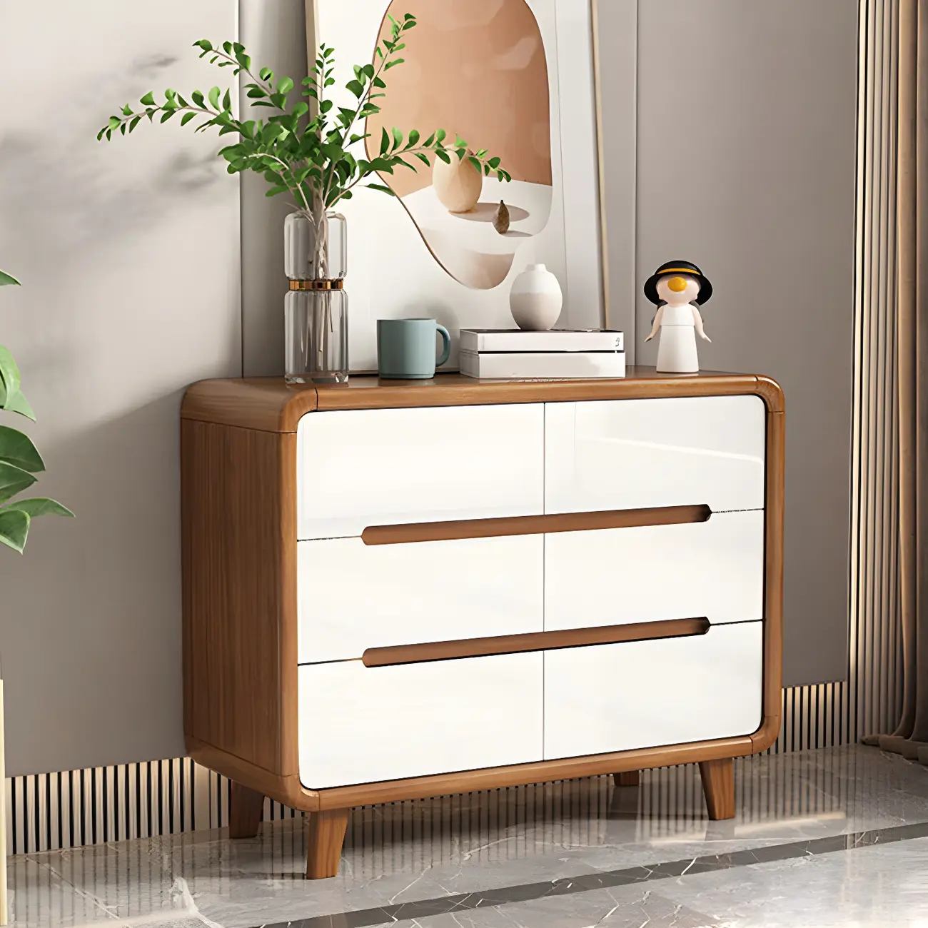 Traditional White-Brown Wooden Double Dresser Arched Edge