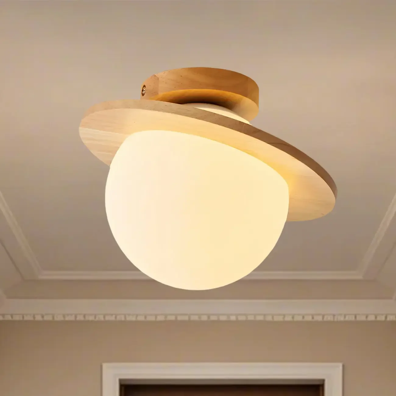 Circular Glass Ball Natural Wood Semi Flush Ceiling Light