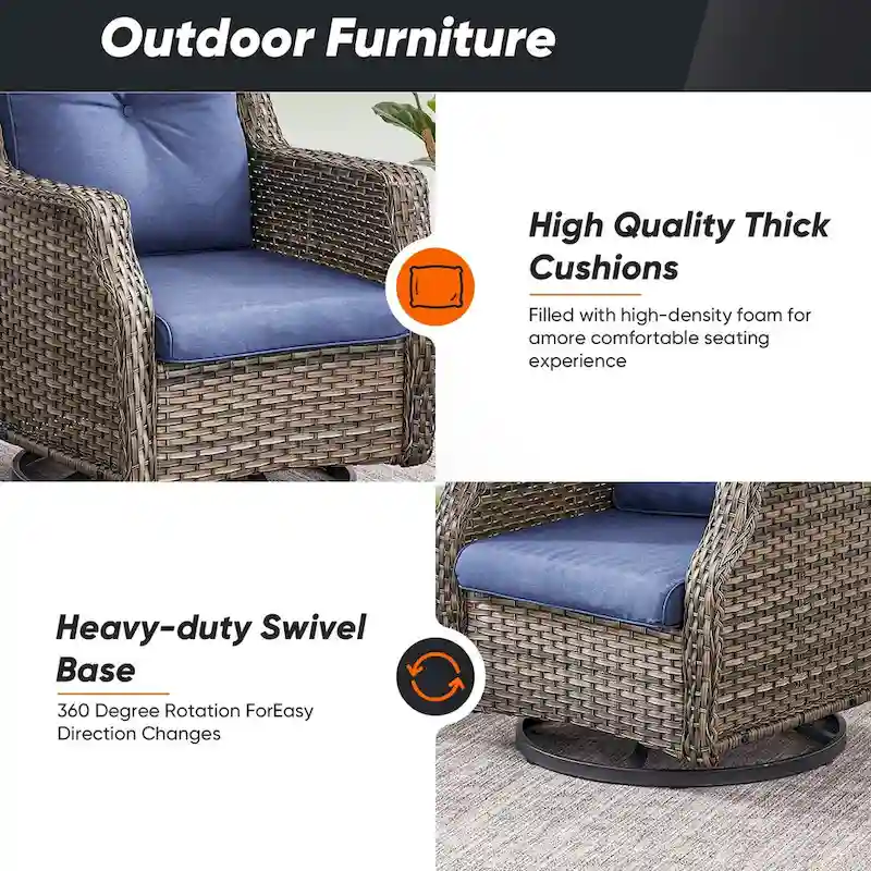 4 Piece Patio Chairs with Ottoman, Swivel Rocking Chairs - Grey