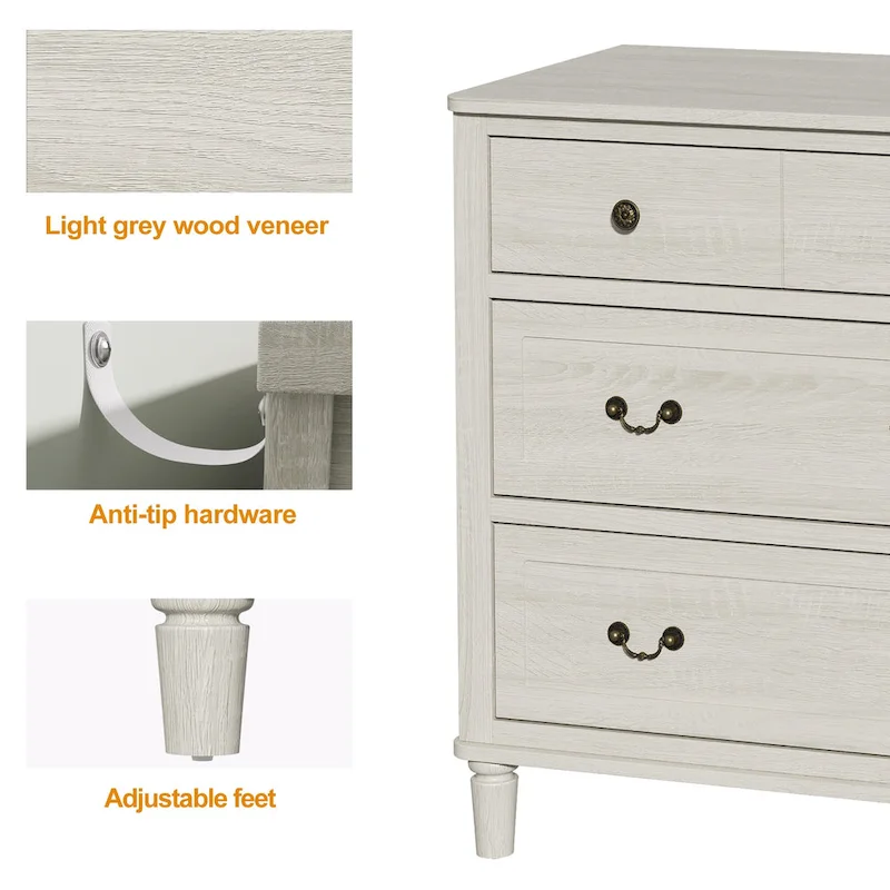 Extra Large 6 Drawer Dresser, Light Grey