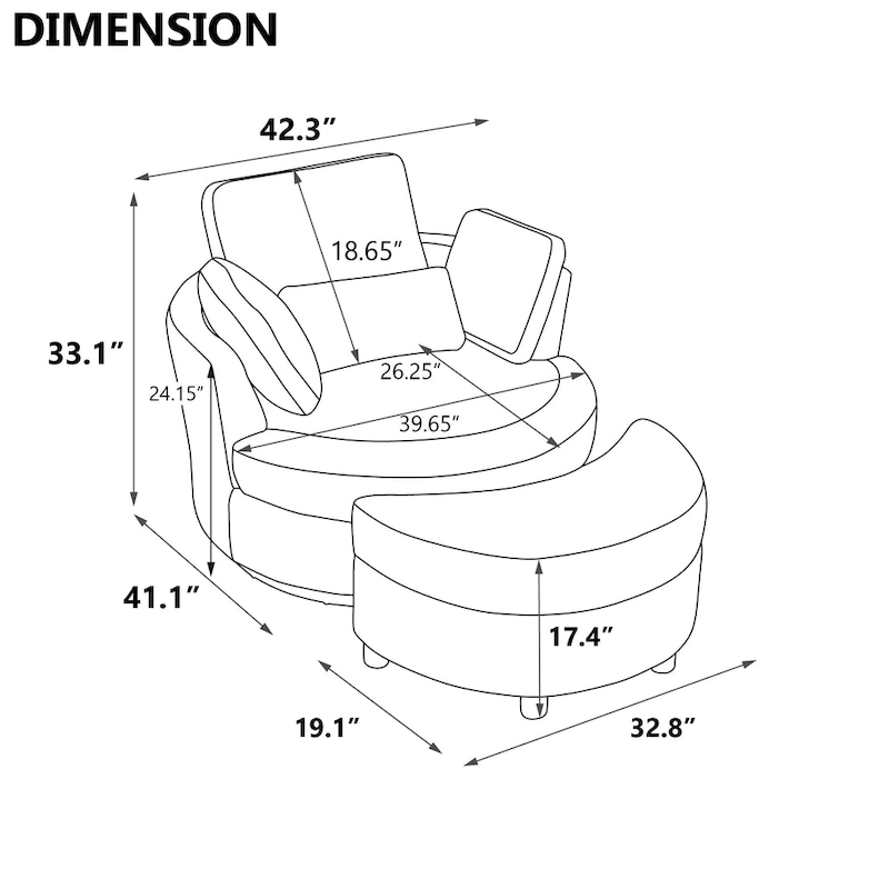 42.3 W Upholstered Swivel Accent Chair with 4 Pillows and Half-Moon Storage Ottoman