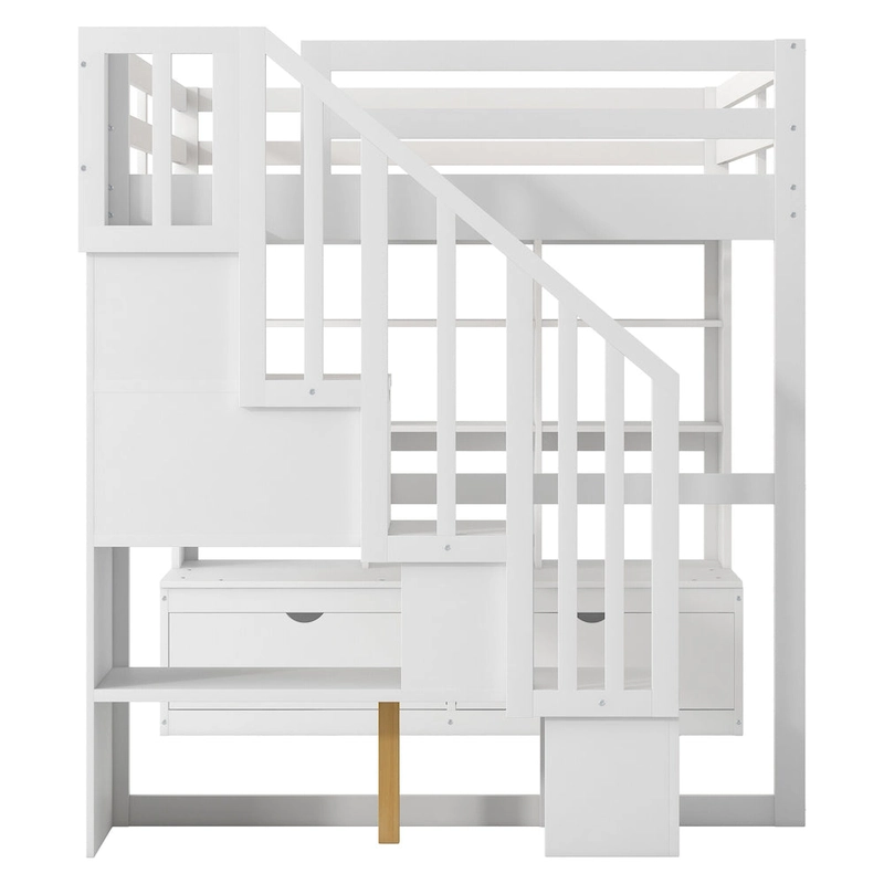 White Full Solid Wood Loft Bed with Desk & Drawers
