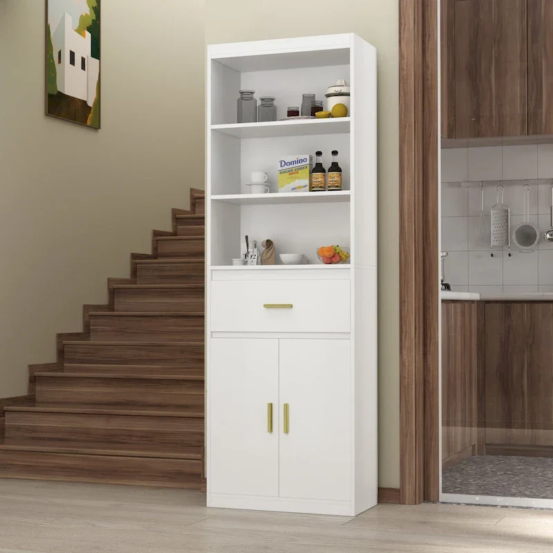 White Tall Linen Cabinet with 2 Doors, 1 Drawer & 2 Open Shelves