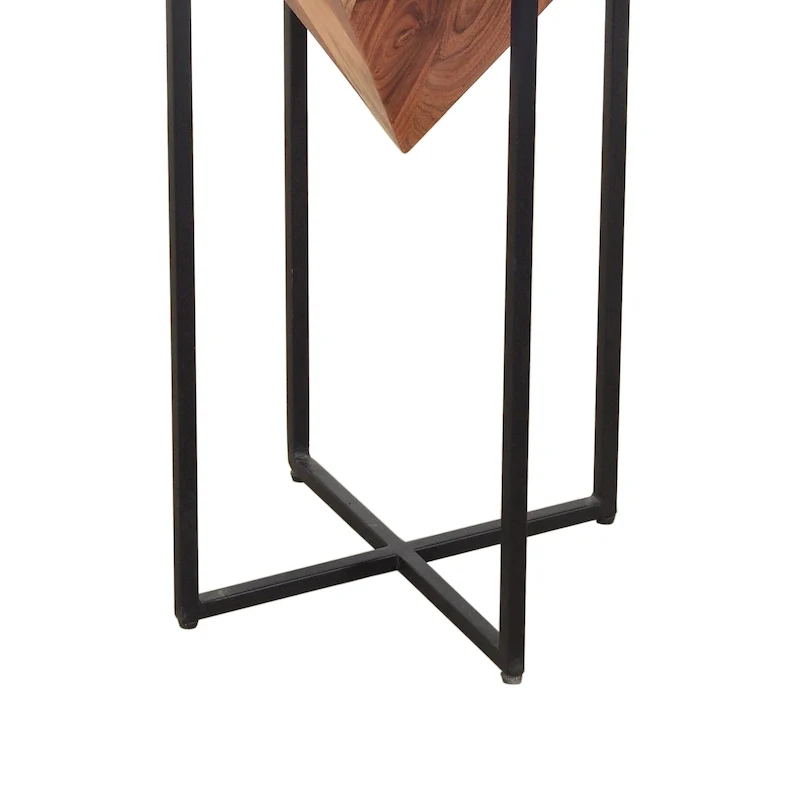 26 Inch Pyramid Shape Acacia Wood Side Table With Cross Iron Base, Brown and Black