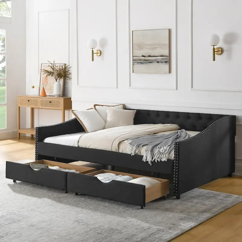 Full Size Linen Upholstered Daybed Frame with 2 Drawers & Tufted Backrest