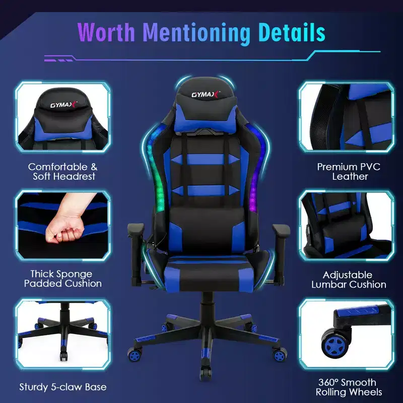 Costway Gaming Chair Adjustable Swivel Computer Chair w/ LED Lights & Remote