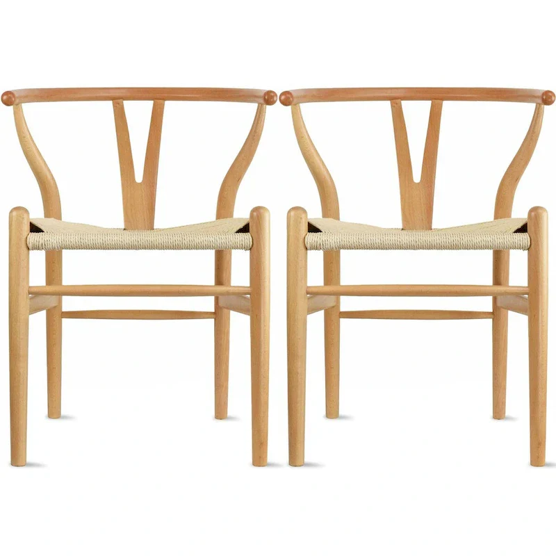 Set of 2 Wood Dining Chairs with Woven Rope Seat