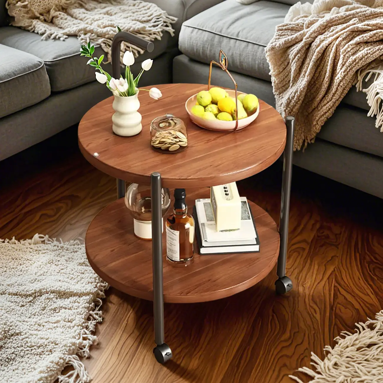 Modern 2-Tier Wood Round Coffee Table with Wheels, Tray