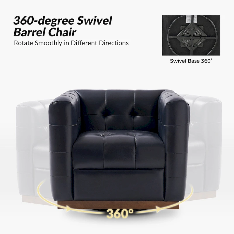 JeremiasMid-certury Modern GenuineLeatherTufted SwivelClubChair with Wooden Apron by HULALA HOME